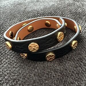 Tory Burch Leather Double Wrap Logo Stud Bracelet